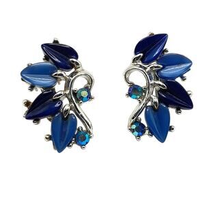 Vintage Blue Lucite Rhinestone Clip Earrings, Lisner Style, 1960s
